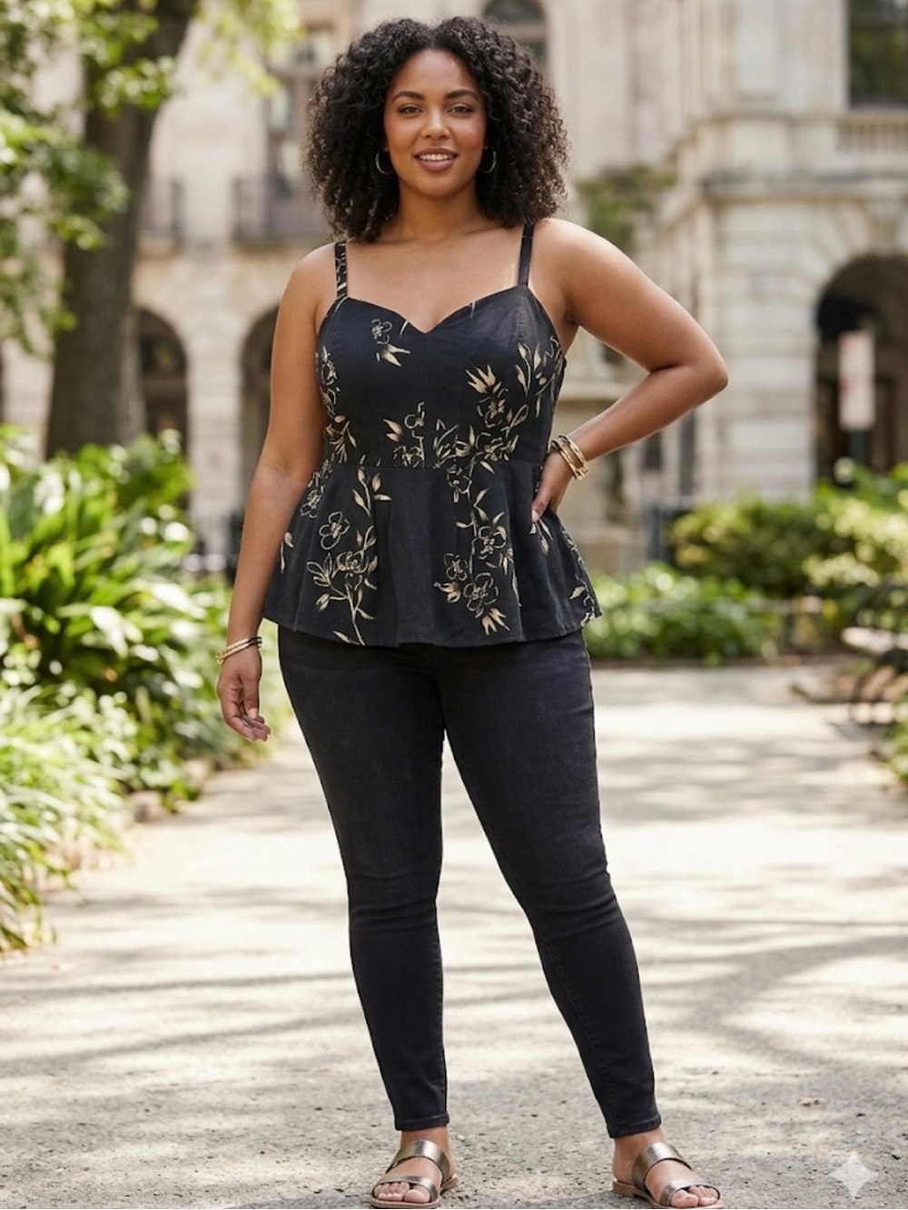 torrid Black Peplum Floral Cami with Gold Accent